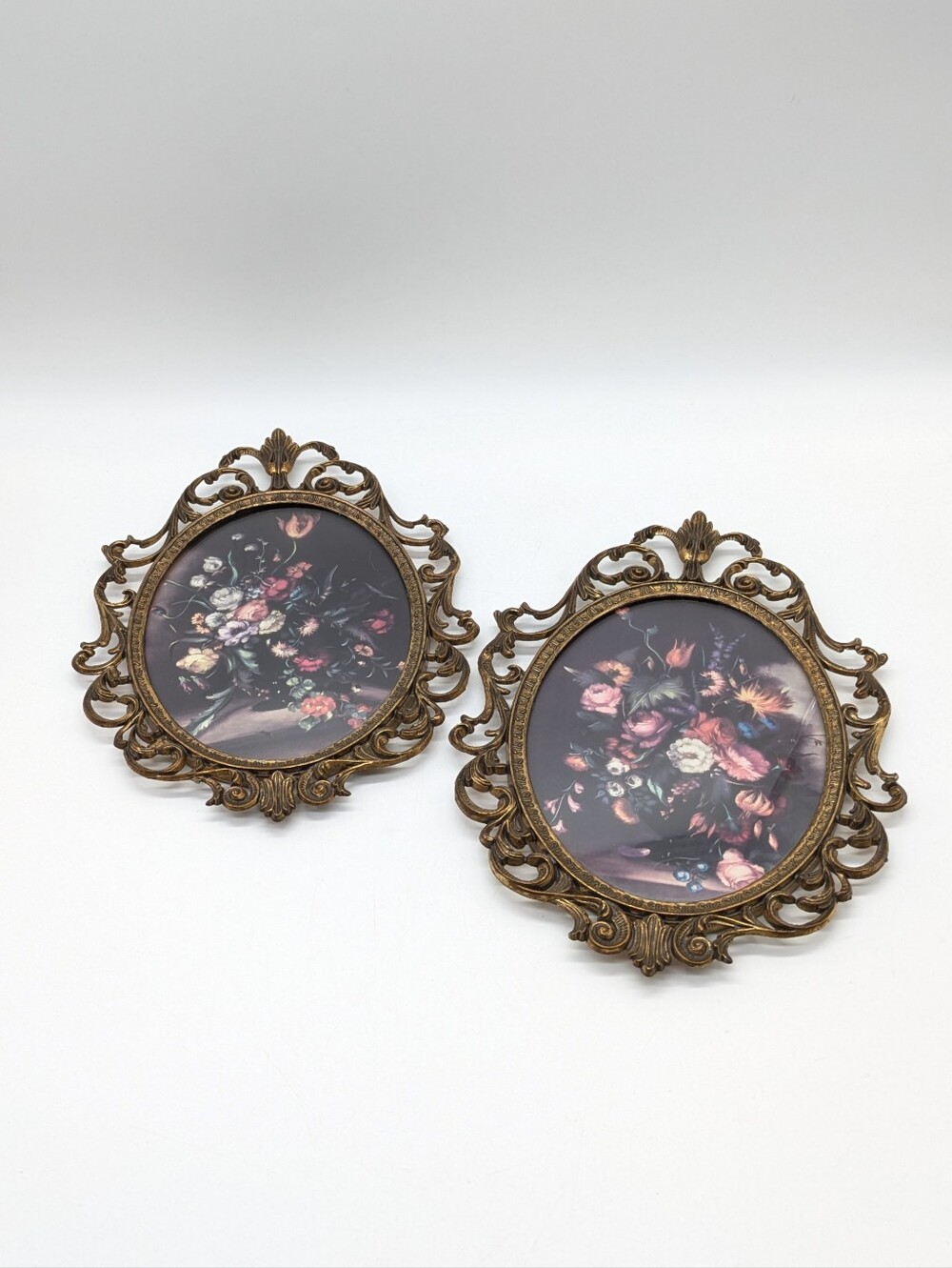 Vintage Made In Italy Bronze Convex Glass Floral Picture Frames - Set Of 2